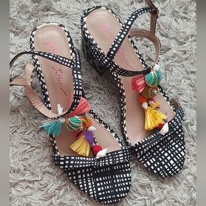 Betsey Johnson DYNAH Embellished Sandals Heels Shoes Tassel Shells Size 7